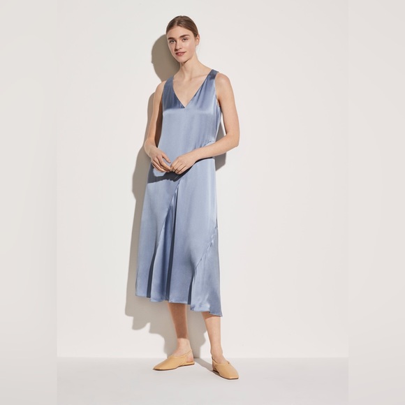 NWT $425 Vince Double V-neck Asymmetric Seamed Slip Dress In Blue Size M - Picture 2 of 7